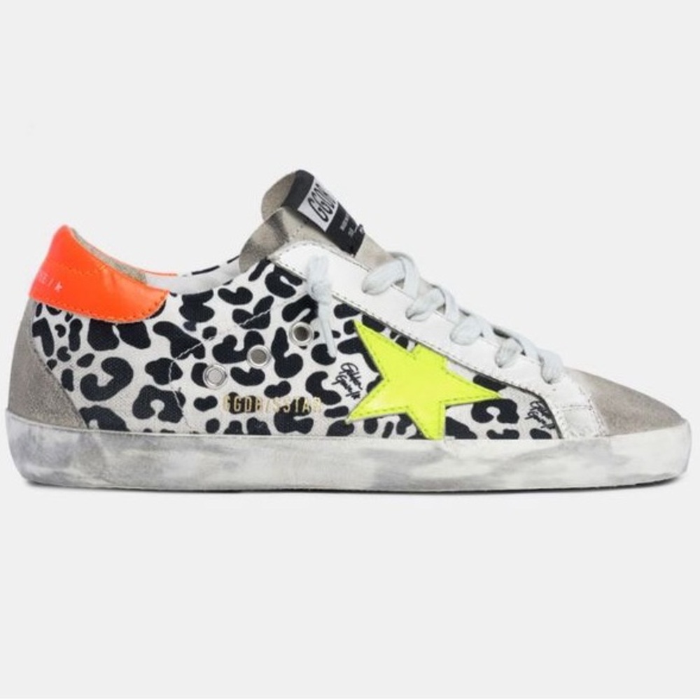 Golden Goose Leopard Print Sneakers with Neon Yellow Star and Orange Heel Tab